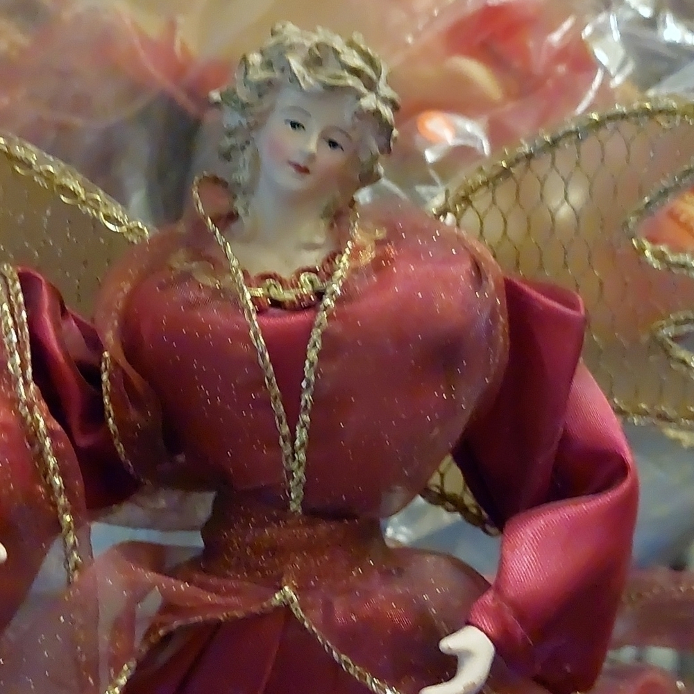 NWOT. Vintage* Angel Tree Topper, Burgandy Gown 90s